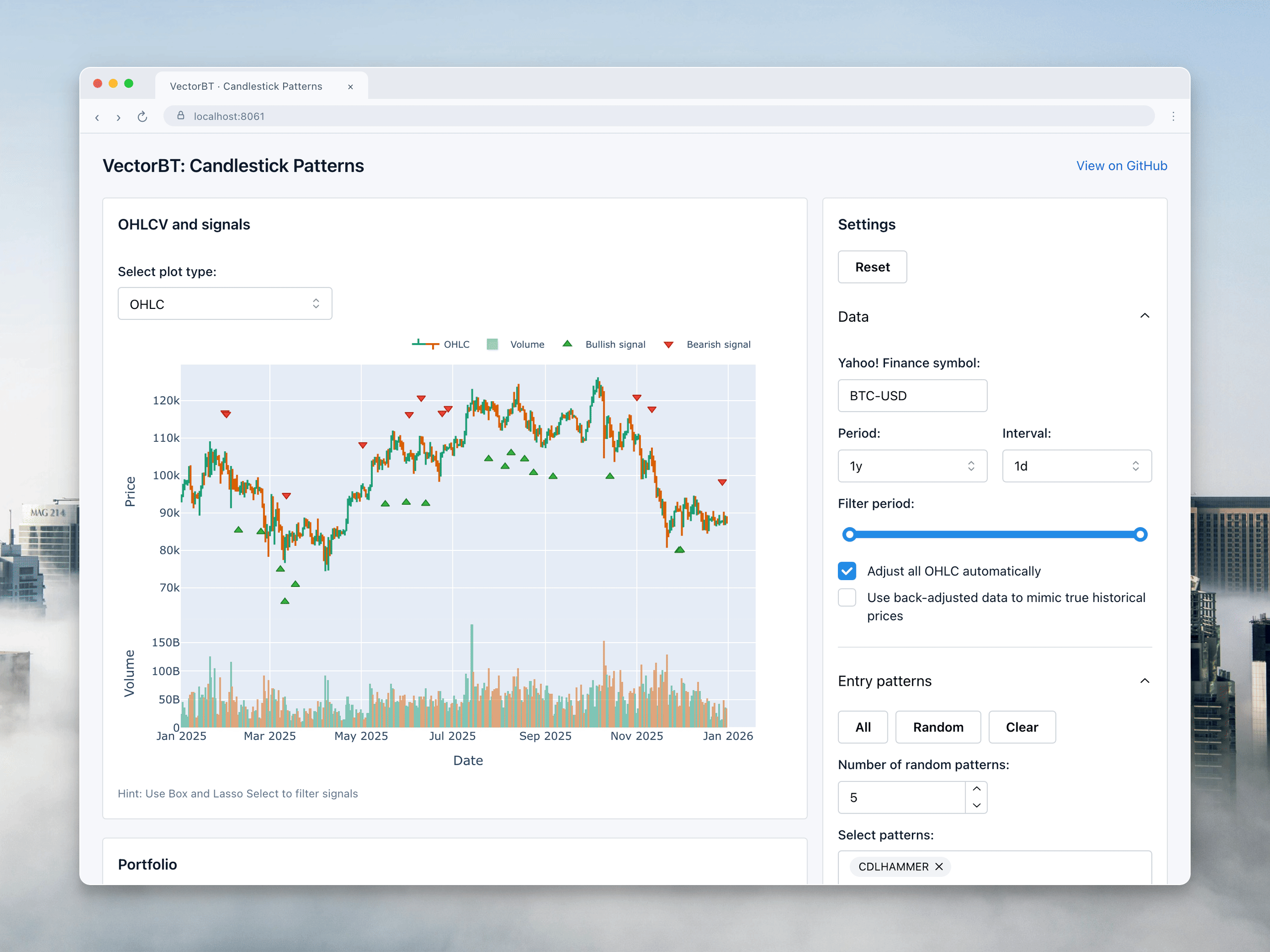 Exploring candlestick patterns, inspecting trades, and comparing strategy statistics in the app